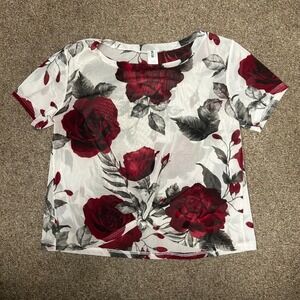 Red Rose Floral Sheer Mesh Front Knot Crop Top Short Sleeve USA Made Y2K Grunge